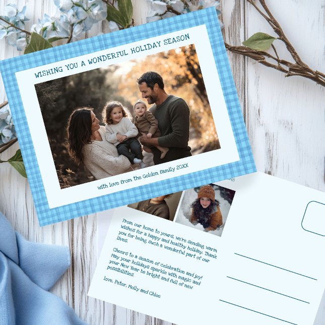 Chic Gingham Hanukkah Christmas Custom 3 Photo  Holiday Postcard (Chic Gingham Plaid Handmade Hanukkah Christmas Custom 3 Photo Holiday Postcard
)