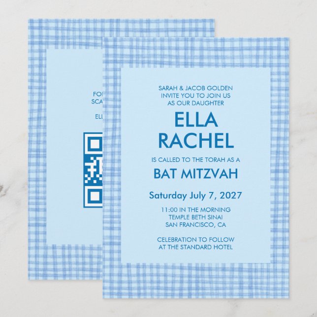 Chic Gingham Modern Custom QR CODE Bat Bar Mitzvah Invitation (Front/Back)