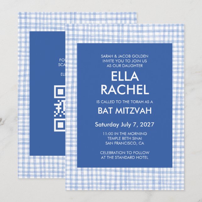Chic Gingham Modern Custom QR CODE Bat Bar Mitzvah Invitation (Front/Back)