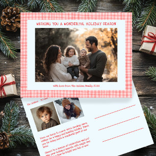 Chic Gingham Pink Blue Christmas Custom 3 Photo  Holiday Postcard
