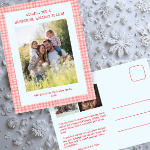 Chic Gingham Pink Blue Christmas Custom 3 Photo  Holiday Postcard