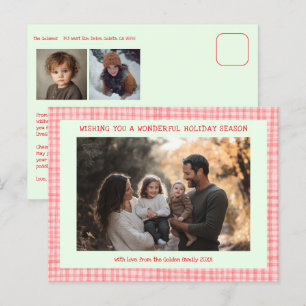 Chic Gingham Pink Green Christmas Custom 3 Photo  Holiday Postcard