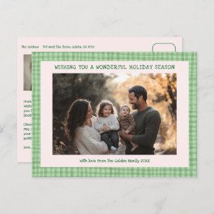 Chic Gingham Pink Green Christmas Custom 3 Photo  Holiday Postcard
