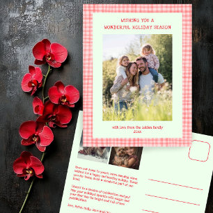 Chic Gingham Pink Green Christmas Custom 3 Photo  Holiday Postcard