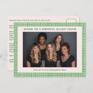 Chic Gingham Pink Green Christmas Custom Business  Holiday Postcard