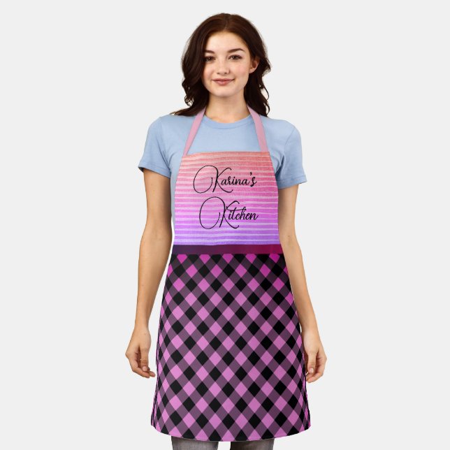 Chic Gingham Pink Personalised Apron (Worn)