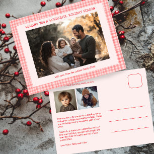 Chic Gingham Pink Red Christmas Custom 3 Photo Holiday Postcard