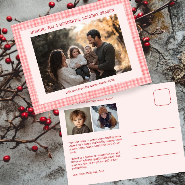 Chic Gingham Pink Red Christmas Custom 3 Photo  Holiday Postcard (Chic Gingham Pink Red Christmas Custom 3 Photo Holiday Postcard
)