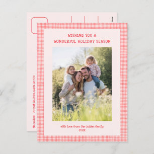 Chic Gingham Pink Red Christmas Custom 3 Photo Holiday Postcard