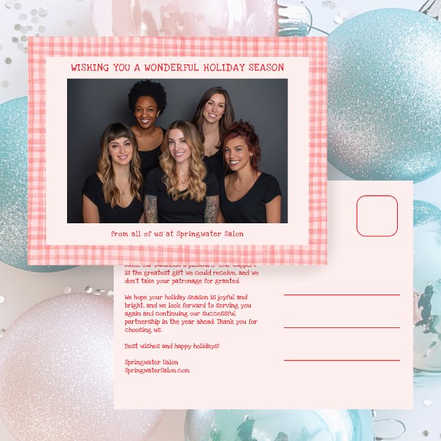 Chic Gingham Pink Red Christmas Custom Business  Holiday Postcard (Chic Gingham Pink Red Christmas Custom Photo Business Salon Cute Holiday Postcard
)