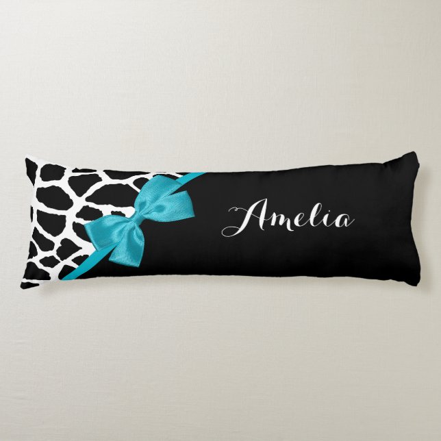 Chic Giraffe Print Aqua Blue Ribbon Bow With Name Body Cushion (Front)