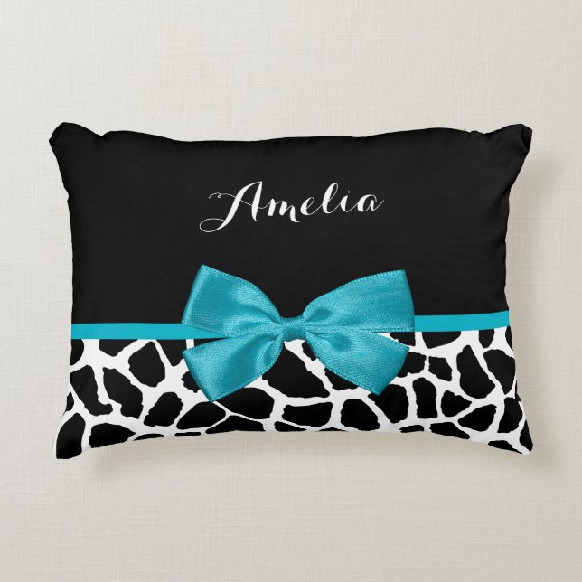 Chic Giraffe Print Aqua Blue Ribbon Bow With Name Decorative Cushion (Front)