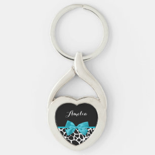Chic Giraffe Print Aqua Blue Ribbon Bow With Name Key Ring