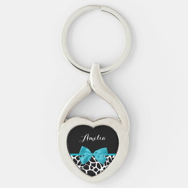 Chic Giraffe Print Aqua Blue Ribbon Bow With Name Key Ring (Front)
