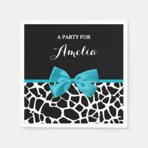 Chic Giraffe Print Aqua Blue Ribbon Bow With Name Napkin