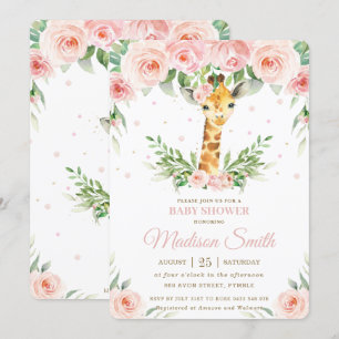 Chic Giraffe Safari Pink Blush Floral Baby Shower Invitation