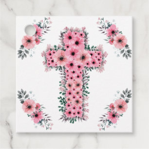 Chic Girl First Holy Communion Pink Flower Cross Favour Tags