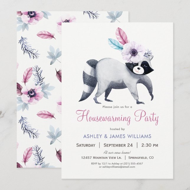 Chic Girl Racoon Housewarming Party Invitation (Front/Back)