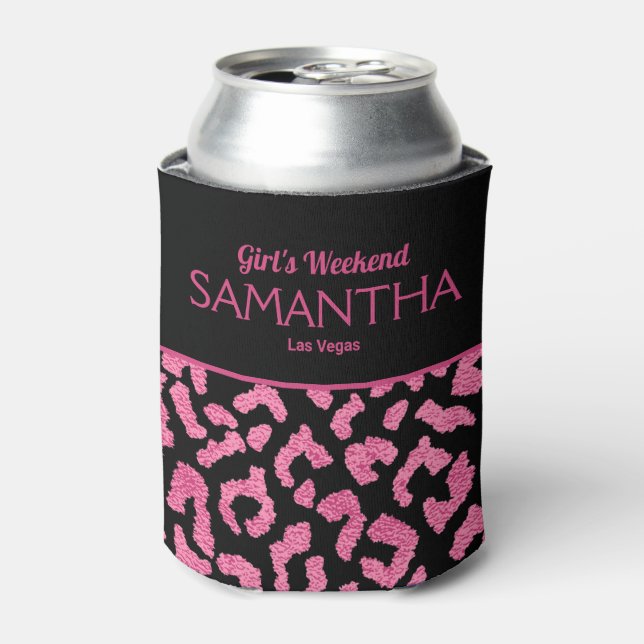 Chic Girls Weekend Pink Leopard Print Can Cooler (Can Front)