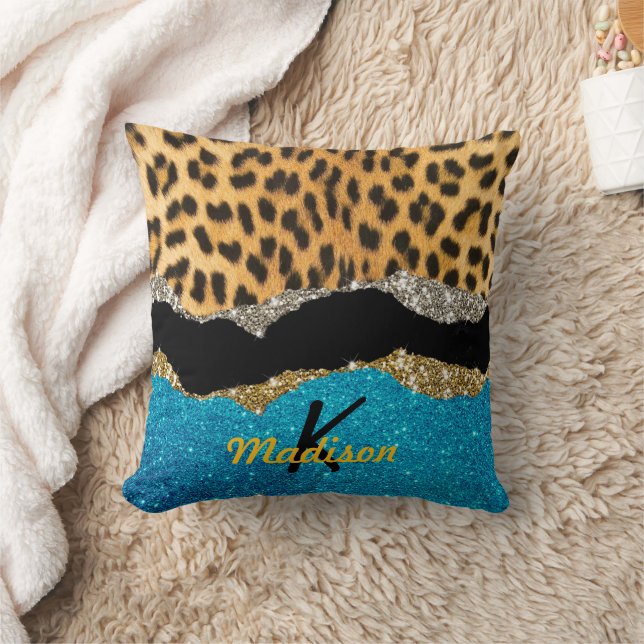 Chic girly animal print turquoise glitter monogram cushion (Blanket)