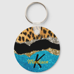 Chic girly animal print turquoise glitter monogram key ring