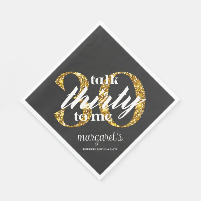 Chic Girly Black Gold Glitter 30th Birthday Party Napkin (Corner)