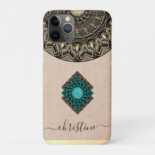 chic girly black gold mandala burlap name  iPhone 11 pro case