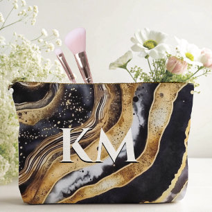 Chic girly black gold marble art  accessory pouch