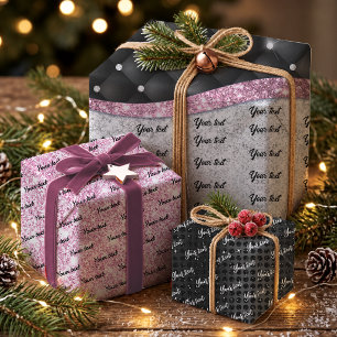 Chic Girly Black Pink Silver Glitter Monogram Wrapping Paper Sheet