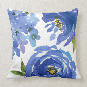 Chic Girly Blue Floral Peonies Hydrangeas Cushion