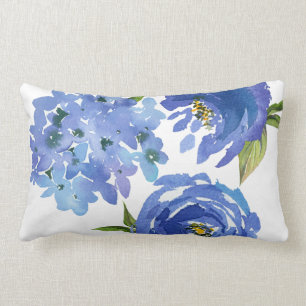 Chic Girly Blue Floral Peonies Hydrangeas Lumbar Cushion