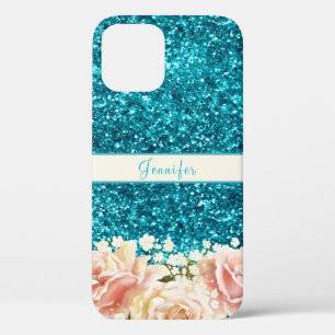 Chic Girly Blue Glitter Floral Name Design iPhone 12 Case