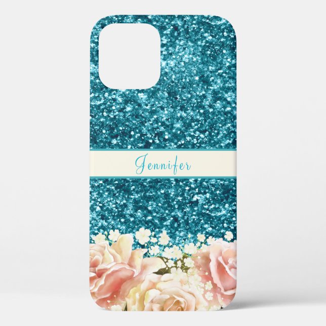  Chic Girly Blue Glitter Floral Name Design   Case-Mate iPhone Case (Back)