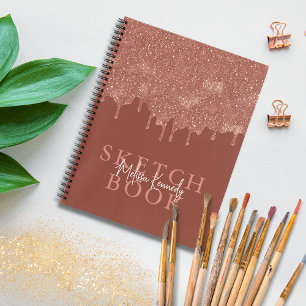 Chic Girly Brown Glitter Drips Monogram Sketchbook Notebook