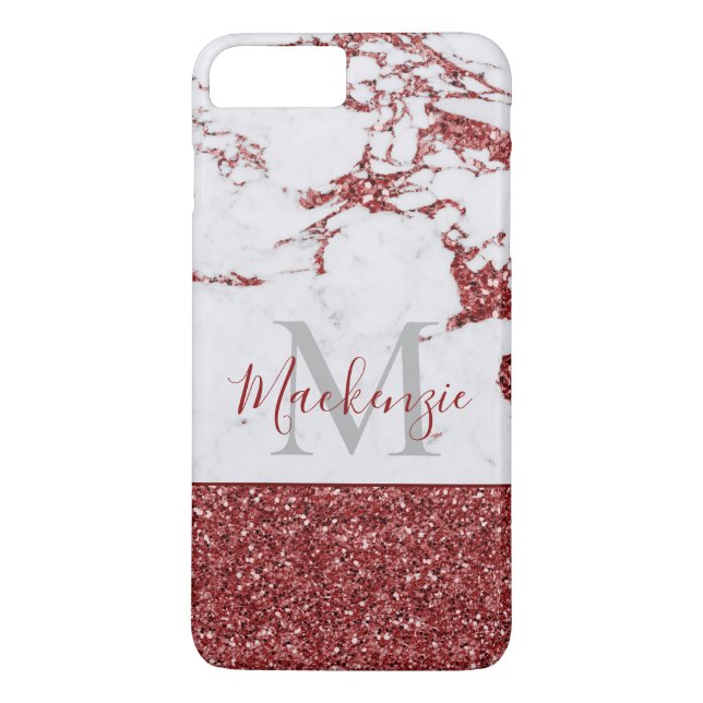 Chic Girly Burgundy Pink Glitter Marble Monogram Case-Mate iPhone Case (Back)