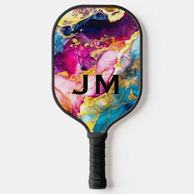 Chic girly colourful marble faux glitter monogram pickleball paddle (Front)