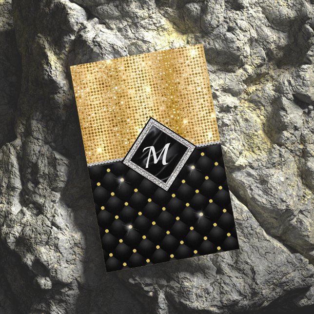Chic girly faux glitter gold black monogram  	Magnetic business card (Creator Uploaded)