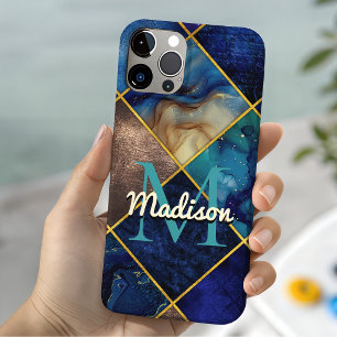 Chic girly faux Glitter gold blue geometric iPhone 15 Case