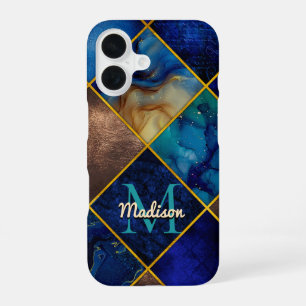 Chic girly faux Glitter gold blue geometric iPhone 16 Case