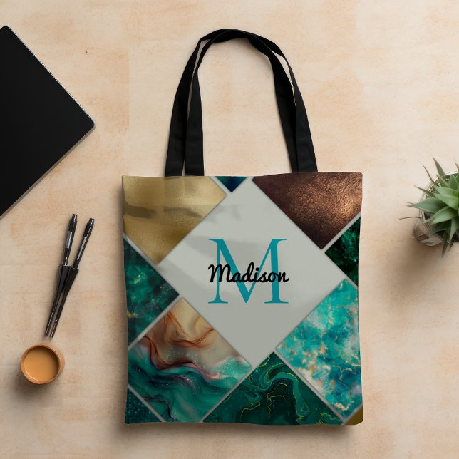 Chic girly faux Glitter gold turquoise Geometric  Tote Bag (Creator Uploaded)