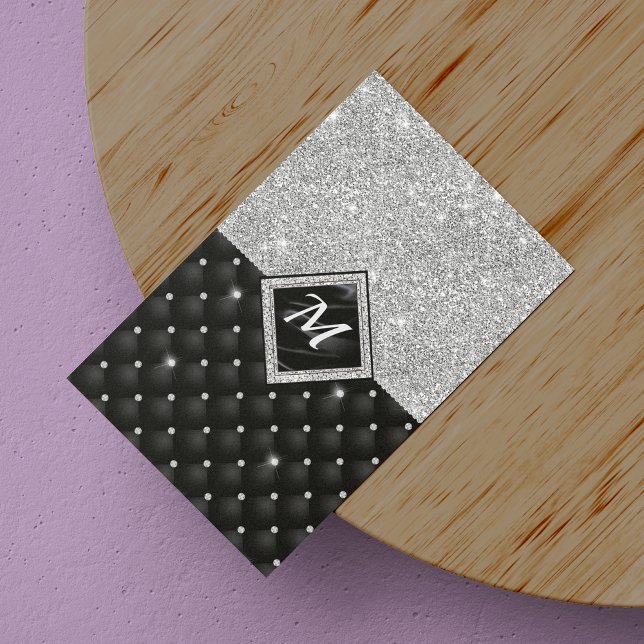 Chic girly faux glitter silver black monogram  	Magnetic business card (Creator Uploaded)