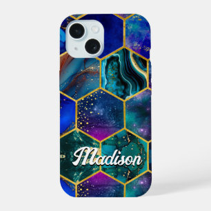 Chic girly faux Glitter Turquoise blue geometric iPhone 15 Case