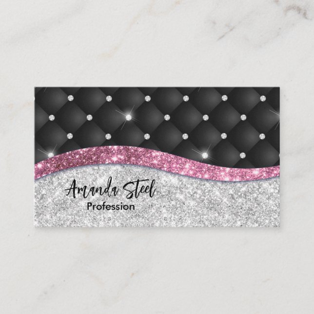 Chic girly faux Silver glitter black pink monogram Appointment Card (Front)