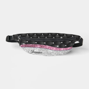 Chic girly faux Silver glitter black pink monogram Bum Bags