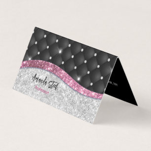 Chic girly faux Silver glitter black pink monogram Business Card