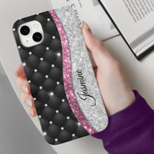 Chic girly faux Silver glitter black pink monogram Case-Mate iPhone 14 Case