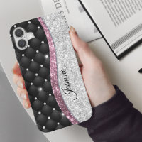 Chic girly faux Silver glitter black pink monogram