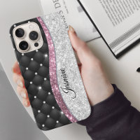 Chic girly faux Silver glitter black pink monogram