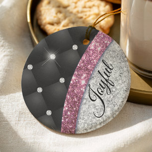 Chic girly faux Silver glitter black pink monogram Ceramic Tree Decoration
