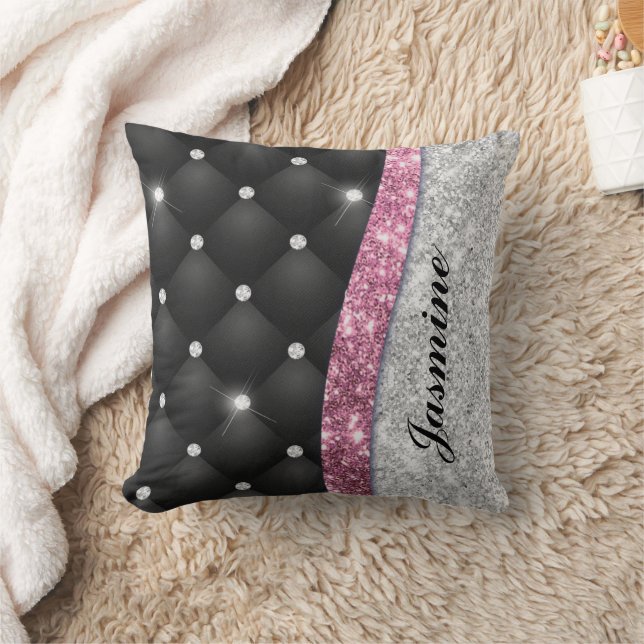 Chic girly faux Silver glitter black pink monogram Cushion (Blanket)